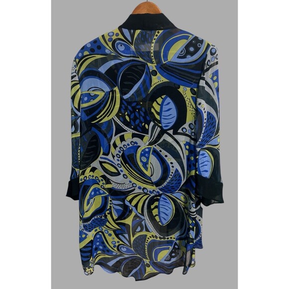 Dana Kay 2-Piece Blouse & Sheer Jacket Women’s 14W Blue Black Yellow Geometric - Picture 2 of 4